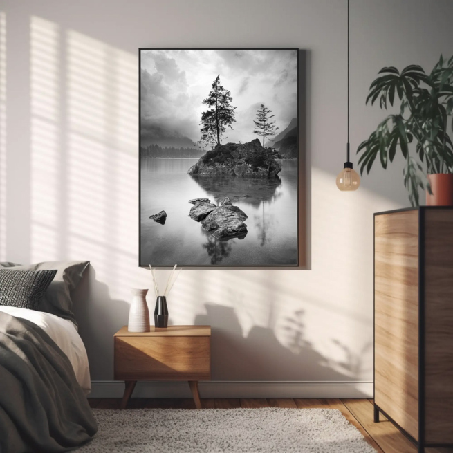 drzewo jezioro krajobraz czarno biały plakat do salonu