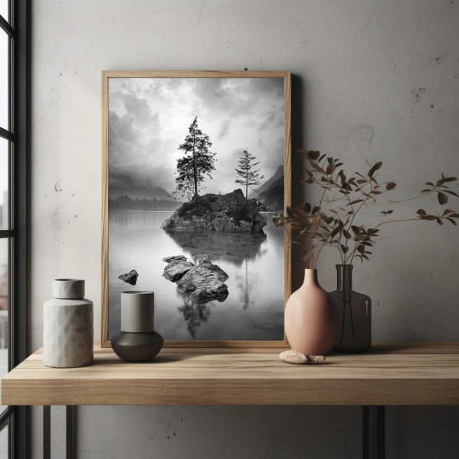 drzewo jezioro krajobraz czarno biały plakat do salonu